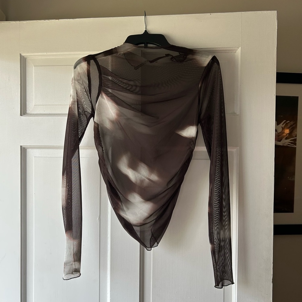 Zara Gray and White Asymmetrical Long Sleeve Bodysuit